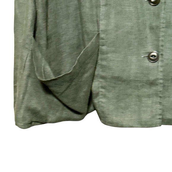 Flax Linen Long Sleeve Slouchy Pocket Button Down Lagenlook Dark Green Shirt - Picture 2 of 10